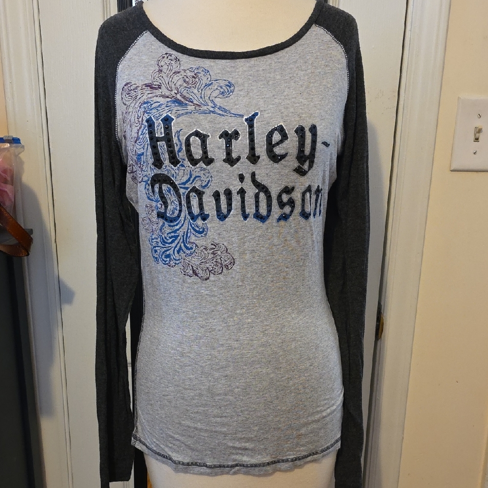 Harley-Davidson Gray and Black Long Sleeve Tee